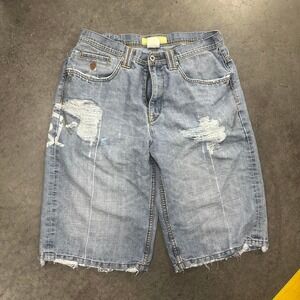 Roca Wear distressed jorts with white paint splatter design